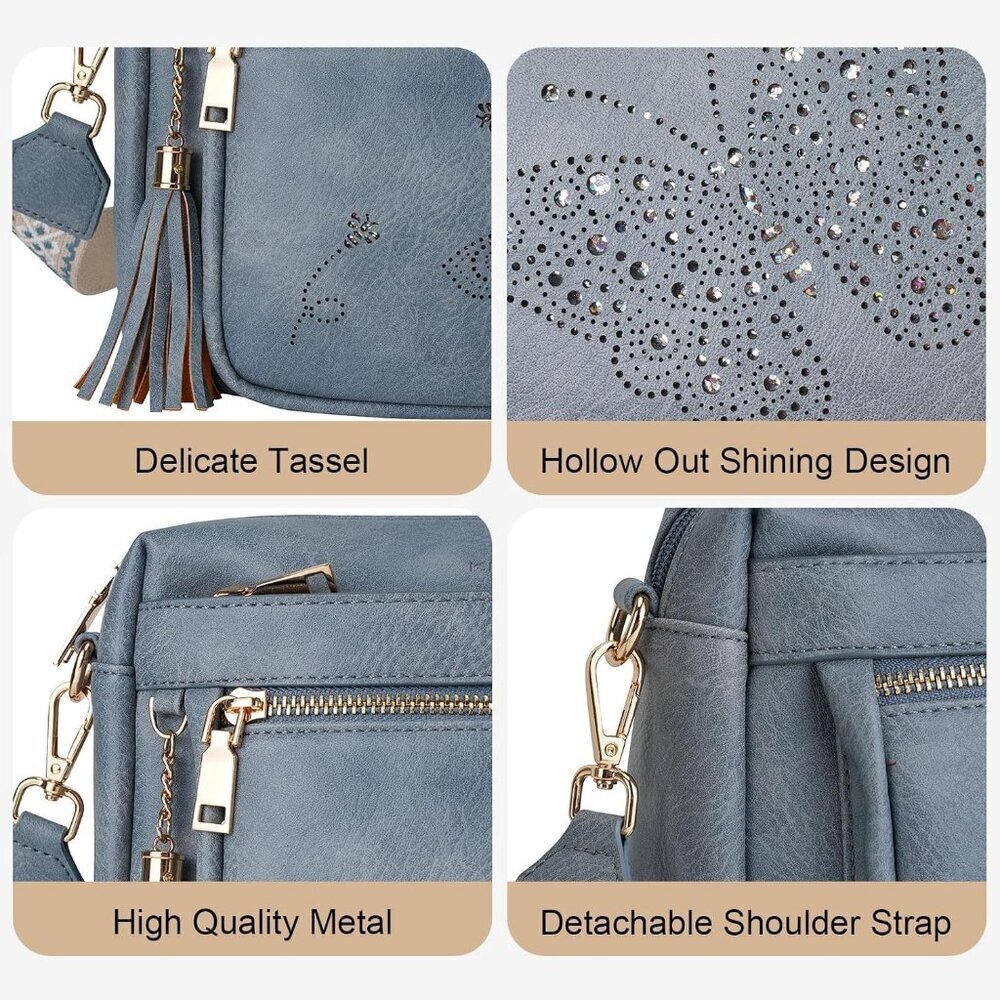 Women’s 03-blue Leather Purse Crossbody Bag Handbags Butterfly Design - Picture 4 of 6